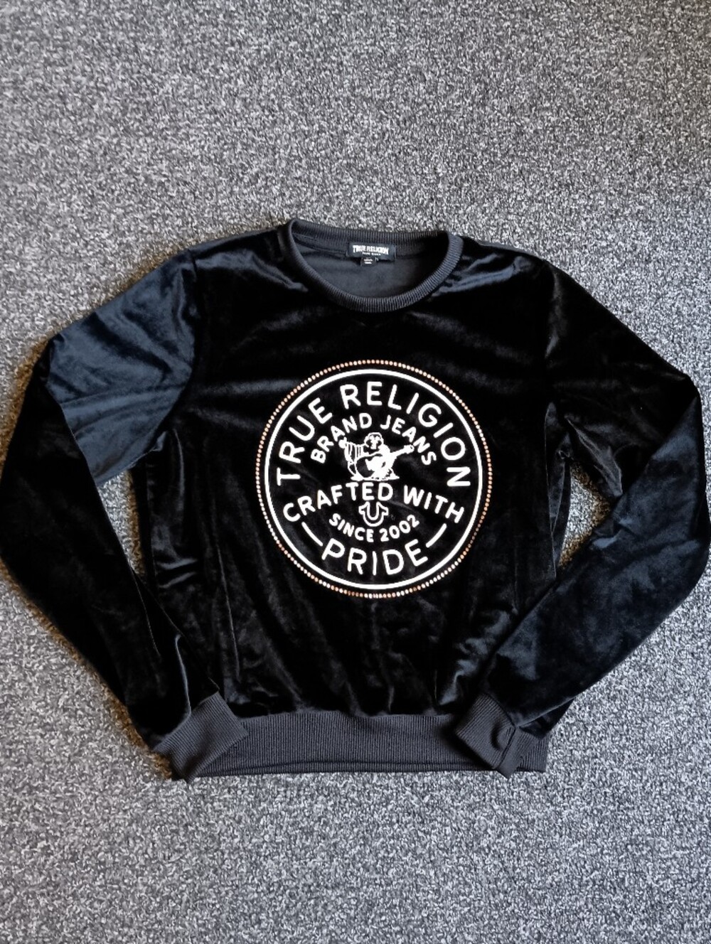 True Religion Black Velvet Logo Crewneck Sweater Womens Size Small
